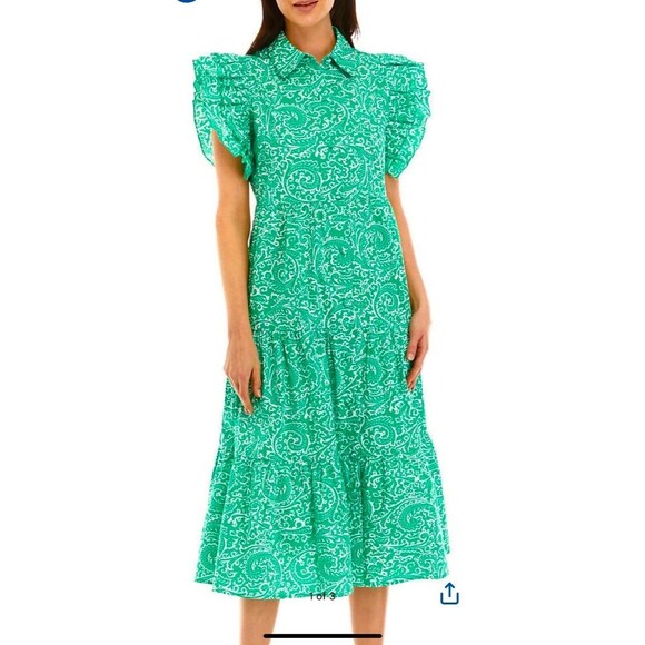 Crown & Ivy Green & White Cotton Tier Ruffle Maxi Dress Button Dress Size Large - Picture 1 of 9